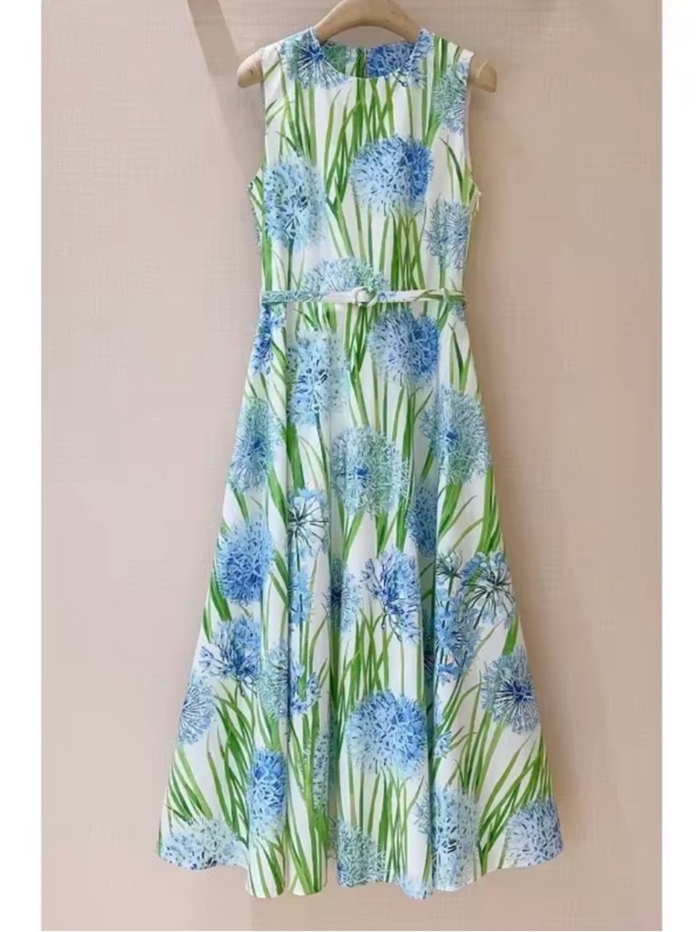 Floral Blue & Green Sleeveless 100% Cotton Midi Dress in Size 6 or 8